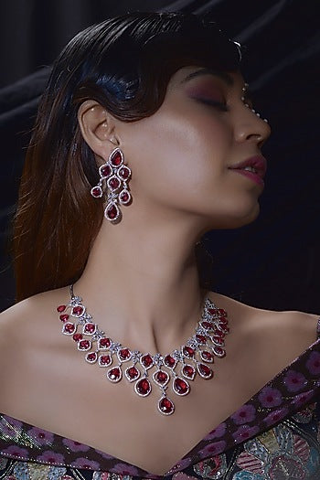 White Finish Zircon & Red Stone Necklace Set
