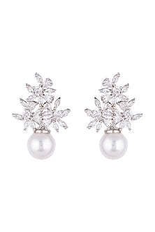 White Finish Faux Diamonds & Pearl Earrings