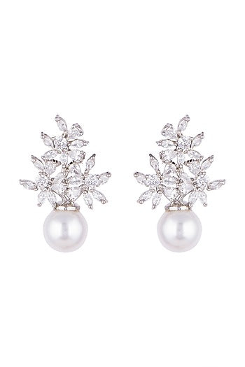 White Finish Faux Diamonds & Pearl Earrings