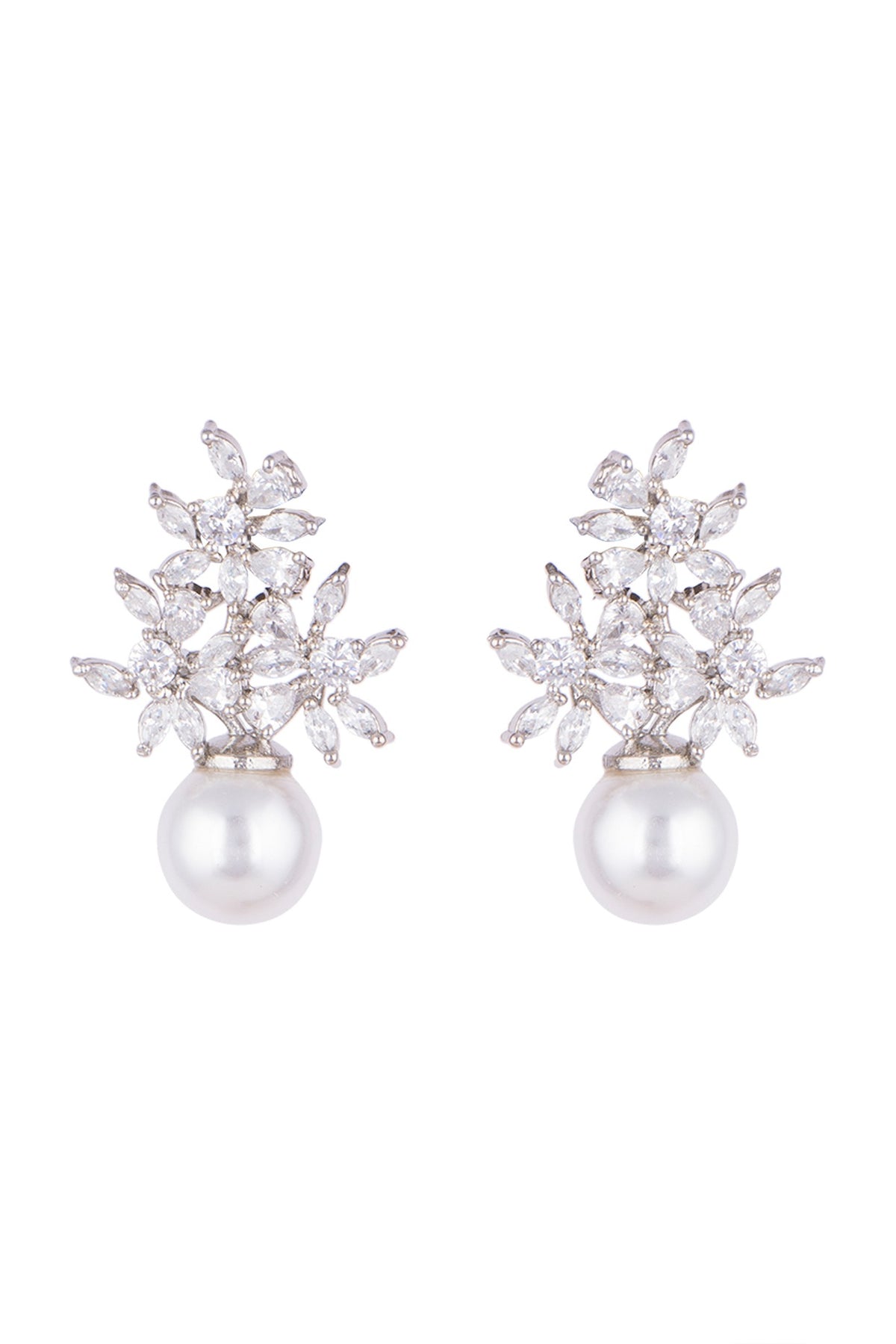 White Finish Faux Diamonds & Pearl Earrings