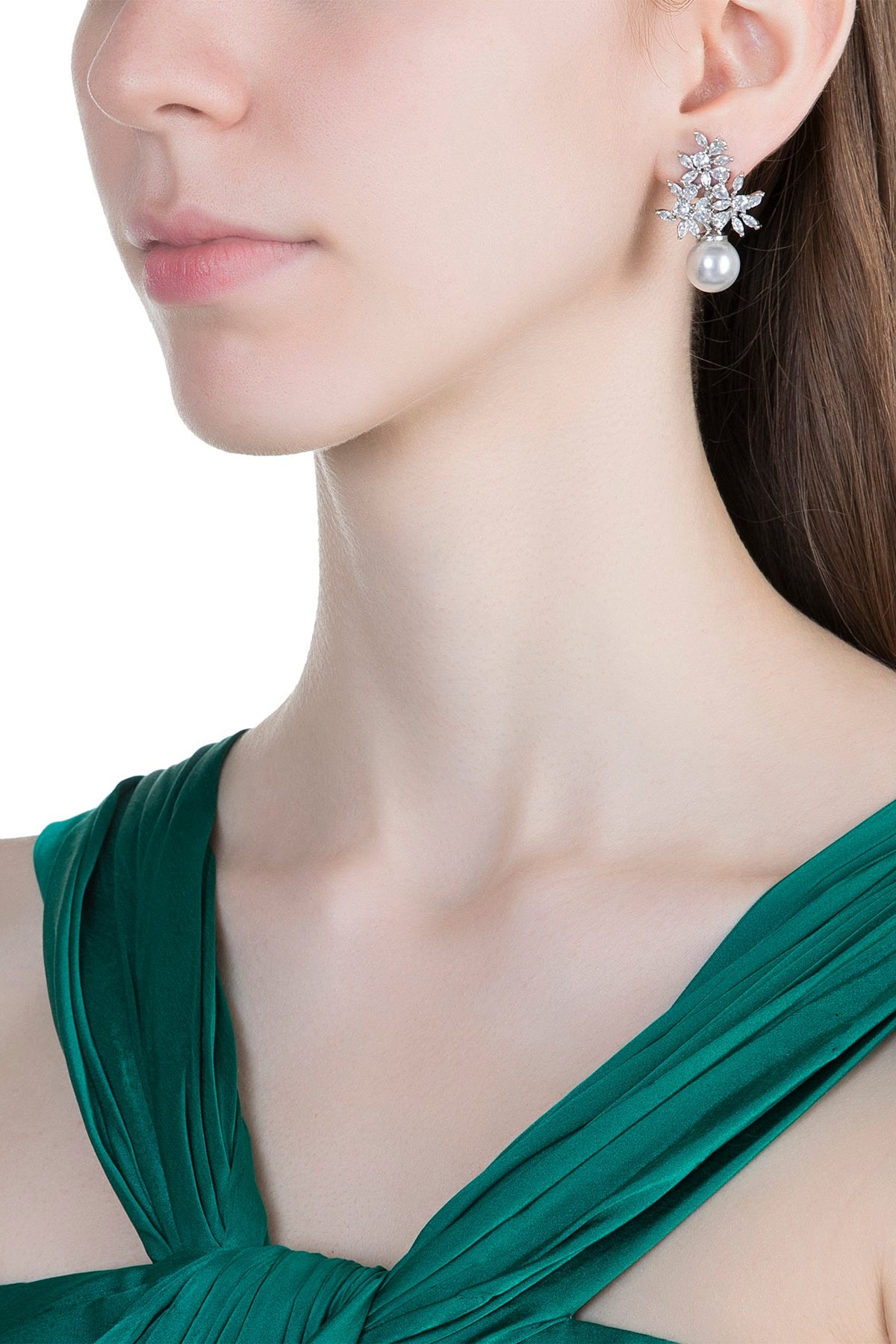 White Finish Faux Diamonds & Pearl Earrings