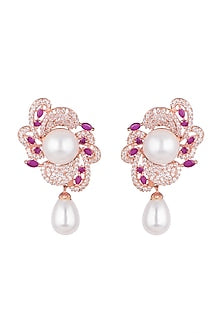 Rose Gold Finish Faux Diamonds, Pink Stones & Pearls Earrings
