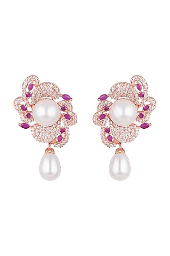 Rose Gold Finish Faux Diamonds, Pink Stones & Pearls Earrings