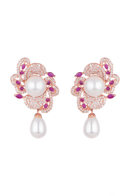 Rose Gold Finish Faux Diamonds, Pink Stones & Pearls Earrings