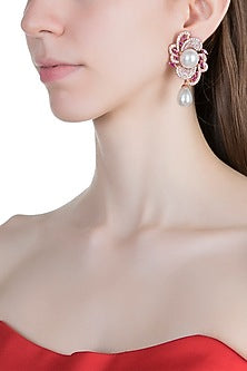 Rose Gold Finish Faux Diamonds, Pink Stones & Pearls Earrings