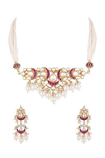 Gold Finish Pearls & Kundan Necklace Set