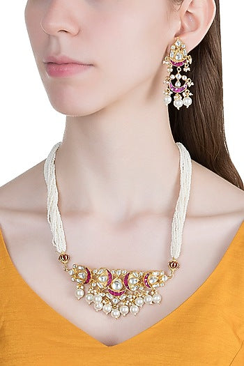 Gold Finish Pearls & Kundan Necklace Set