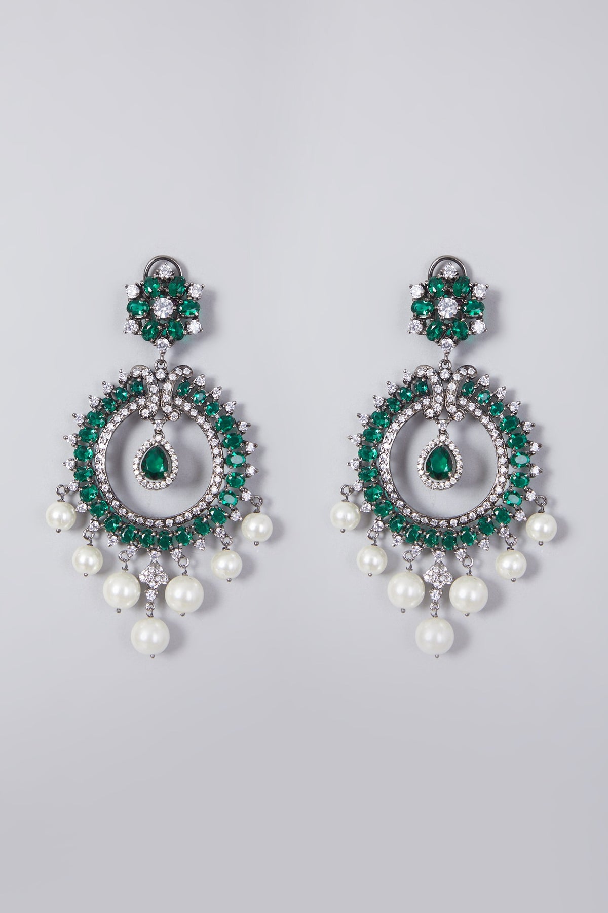 Black Rhodium Finish Chandbali Earrings With Pearls