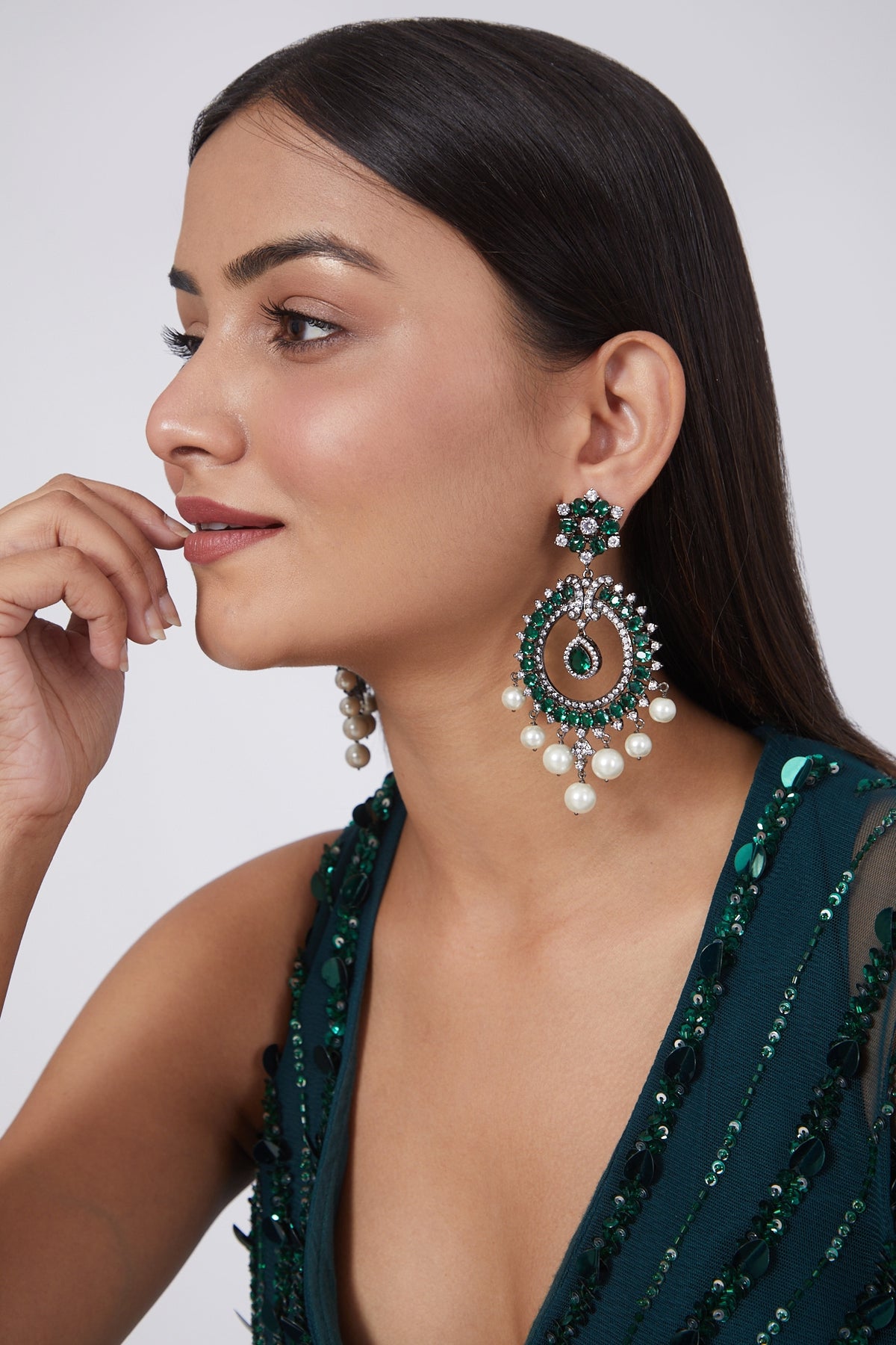 Black Rhodium Finish Chandbali Earrings With Pearls