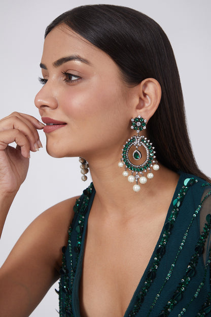 Black Rhodium Finish Chandbali Earrings With Pearls