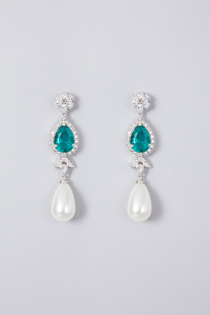 White Finish Zircon & Green Synthetic Stone Dangler Earrings