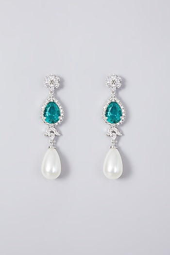 White Finish Zircon & Green Synthetic Stone Dangler Earrings