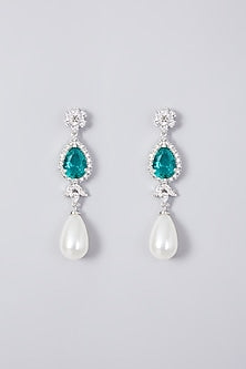 White Finish Zircon & Green Synthetic Stone Dangler Earrings