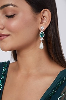 White Finish Zircon & Green Synthetic Stone Dangler Earrings