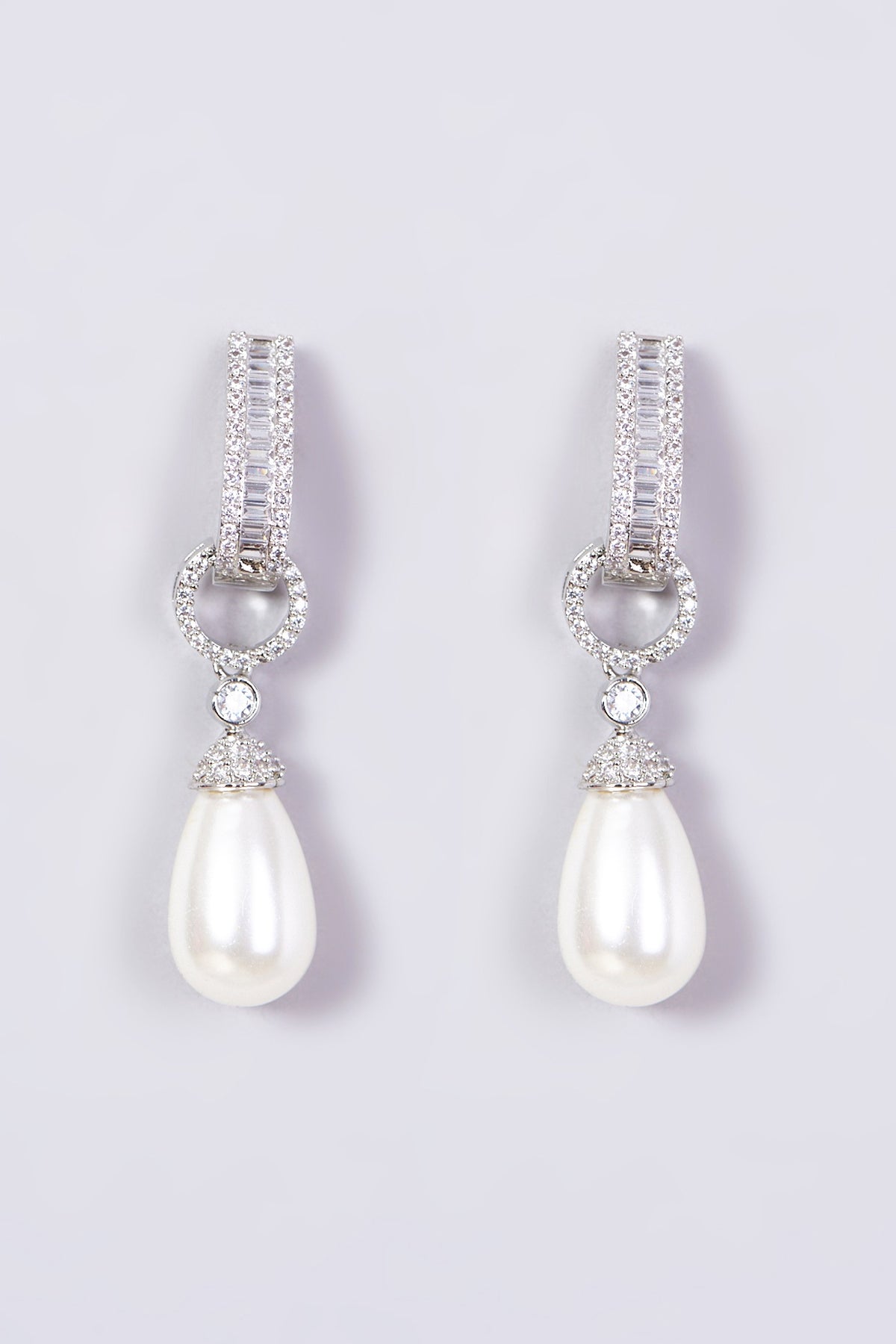 White Finish Zircon & Pearl Drop Earrings