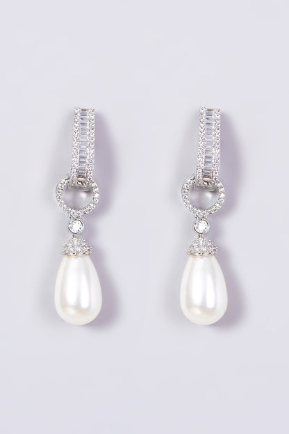 White Finish Zircon & Pearl Drop Earrings