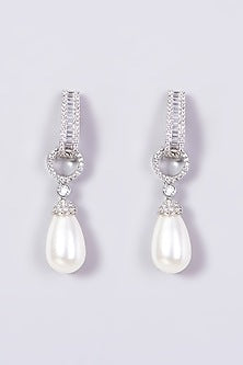 White Finish Zircon & Pearl Drop Earrings