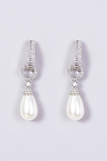 White Finish Zircon & Pearl Drop Earrings