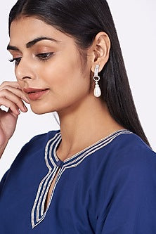 White Finish Zircon & Pearl Drop Earrings