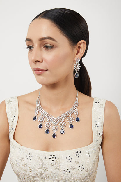 White Finish Zircon & Blue Drop Stones Necklace Set