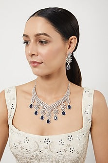 White Finish Zircon & Blue Drop Stones Necklace Set