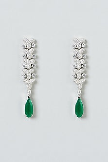 White Finish Zircon  & Green Stone Earrings
