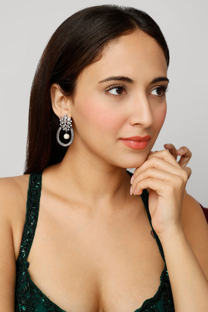 Two Tone Finish Zircon & Pearl Earrings