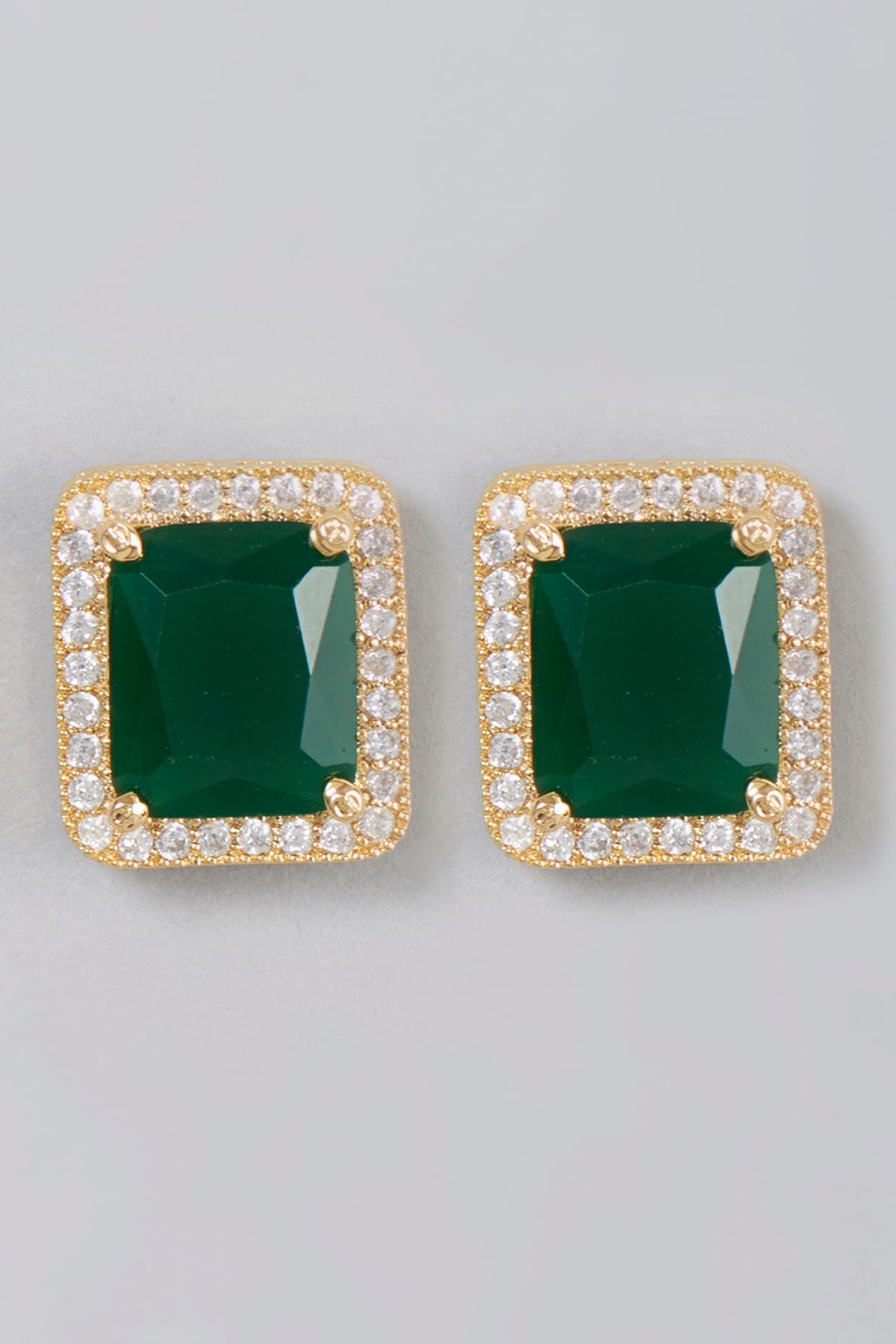 Gold Finish Zircon & Emerald Synthetic Stone Stud Earrings