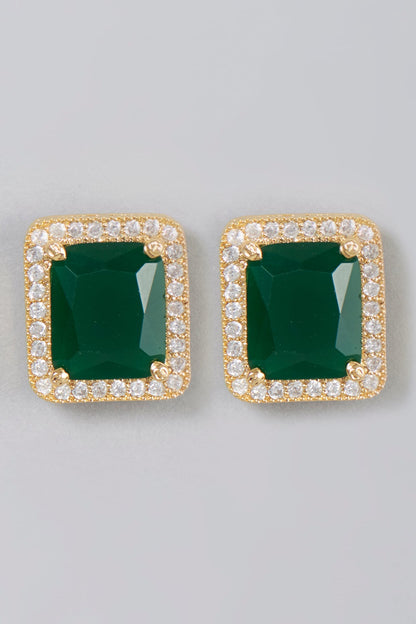 Gold Finish Zircon & Emerald Synthetic Stone Stud Earrings