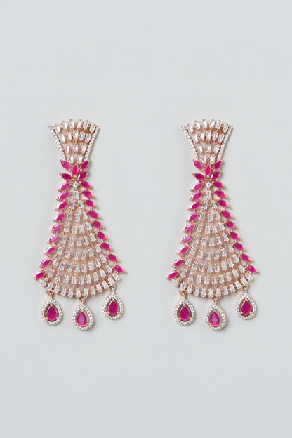 Rose Gold Finish Zircon & Red Stone Dangler Earrings