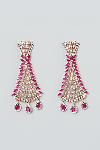 Rose Gold Finish Zircon & Red Stone Dangler Earrings