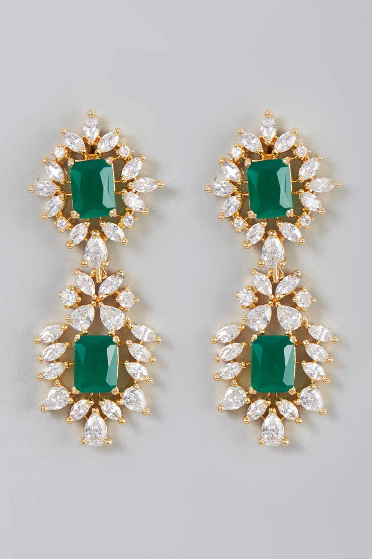 Gold Finish Zircon & Green Synthetic Stone Dangler Earrings