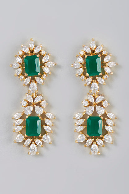 Gold Finish Zircon & Green Synthetic Stone Dangler Earrings