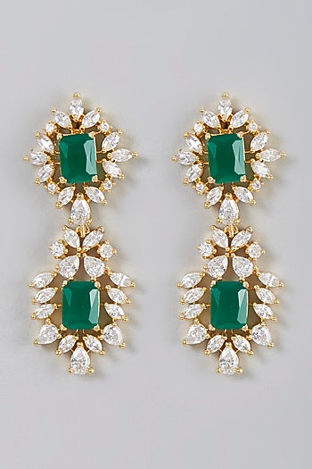 Gold Finish Zircon & Green Synthetic Stone Dangler Earrings