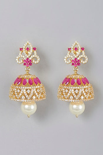 Gold Finish Zircon & Ruby Synthetic Stone Dangler Earrings