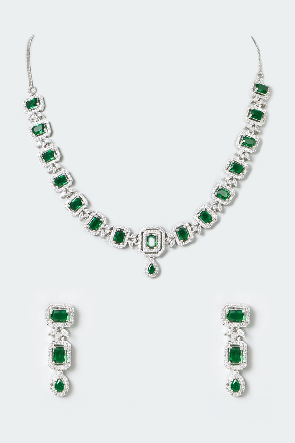 White Finish Zircon & Green Stones Necklace Set