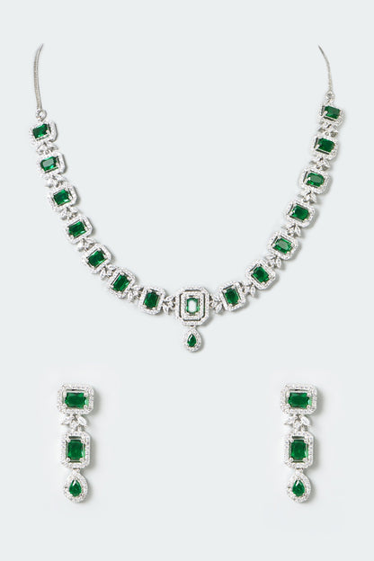 White Finish Zircon & Green Stones Necklace Set