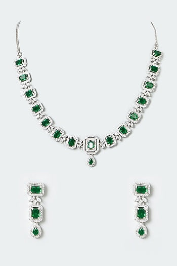 White Finish Zircon & Green Stones Necklace Set