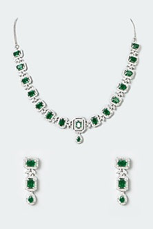 White Finish Zircon & Green Stones Necklace Set