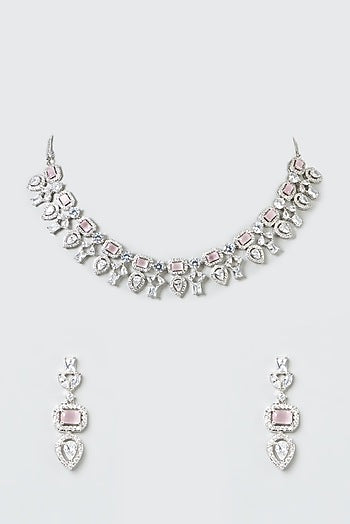 White Finish Zircons & Pink Stones Necklace Set