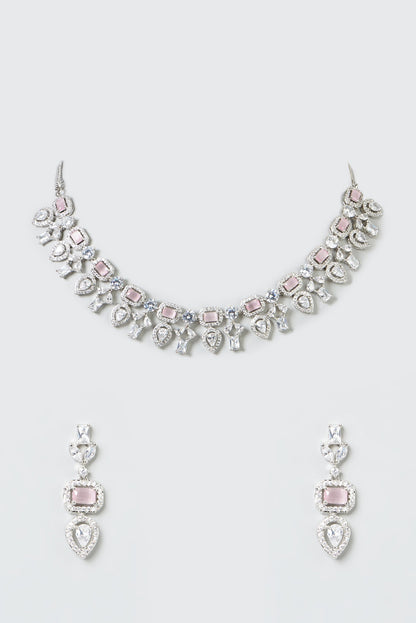 White Finish Zircons & Pink Stones Necklace Set