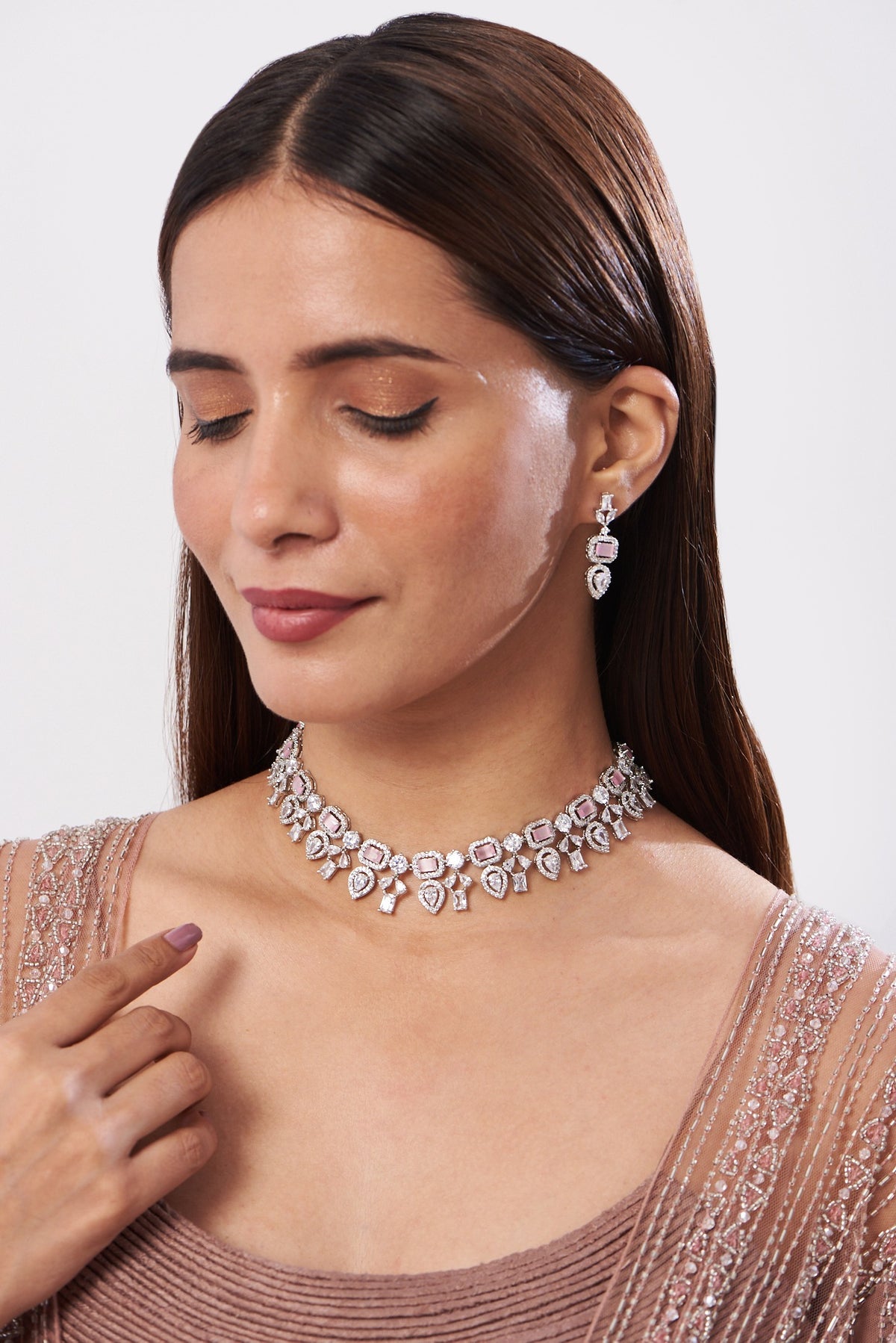 White Finish Zircons & Pink Stones Necklace Set