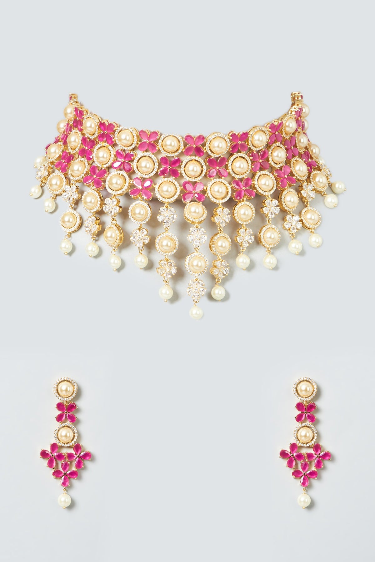 Gold Finish Zircons & Pearls Choker Necklace Set