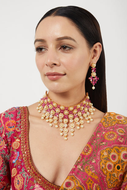 Gold Finish Zircons & Pearls Choker Necklace Set