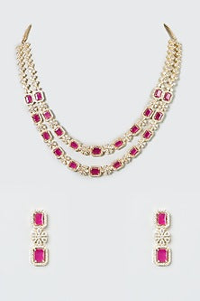 Gold Finish Zircon & Red Stone Layered Necklace Set
