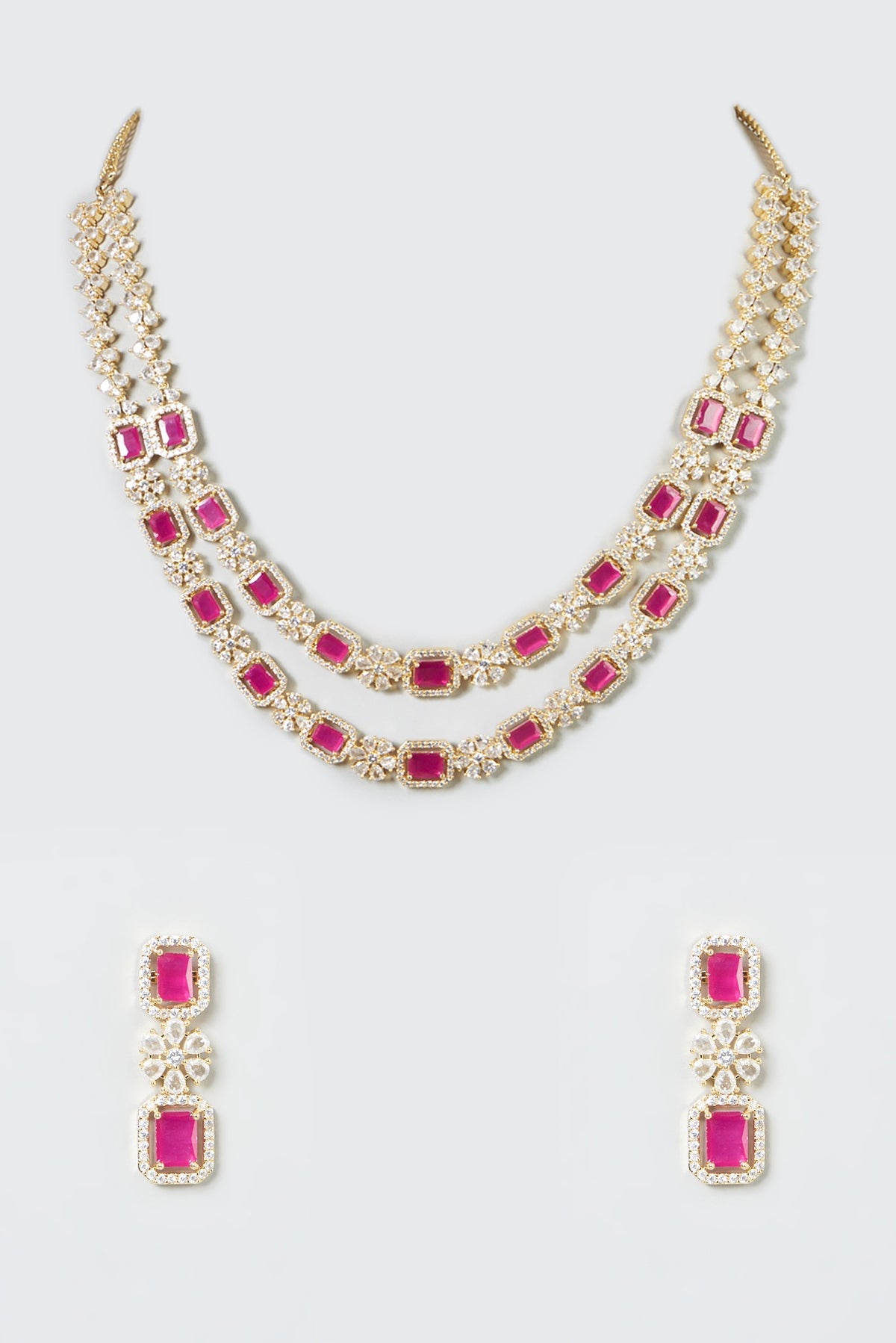 Gold Finish Zircon & Red Stone Layered Necklace Set