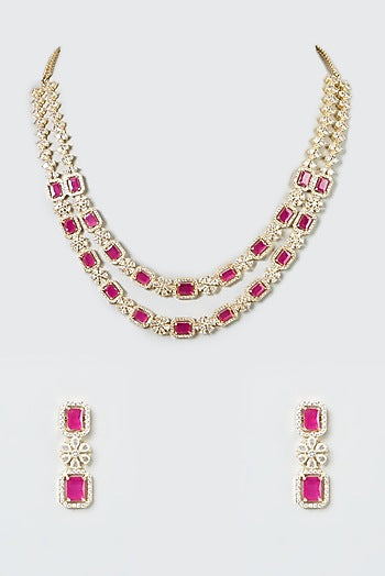 Gold Finish Zircon & Red Stone Layered Necklace Set