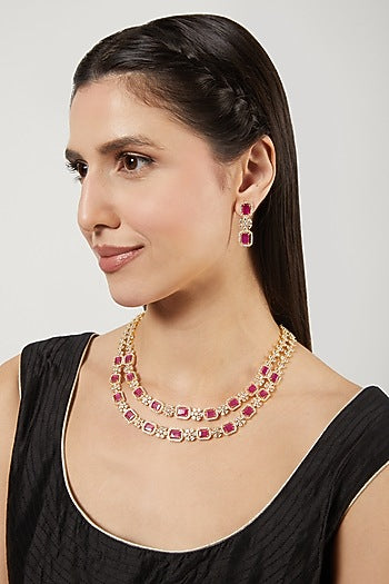 Gold Finish Zircon & Red Stone Layered Necklace Set