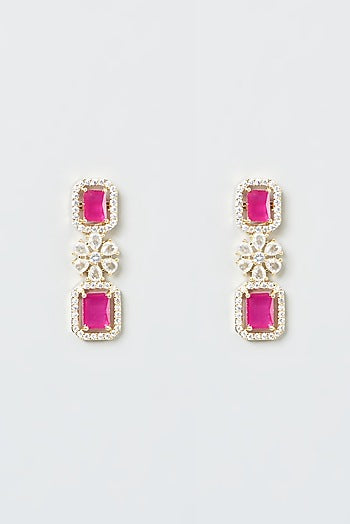 Gold Finish Zircon & Red Stone Layered Necklace Set
