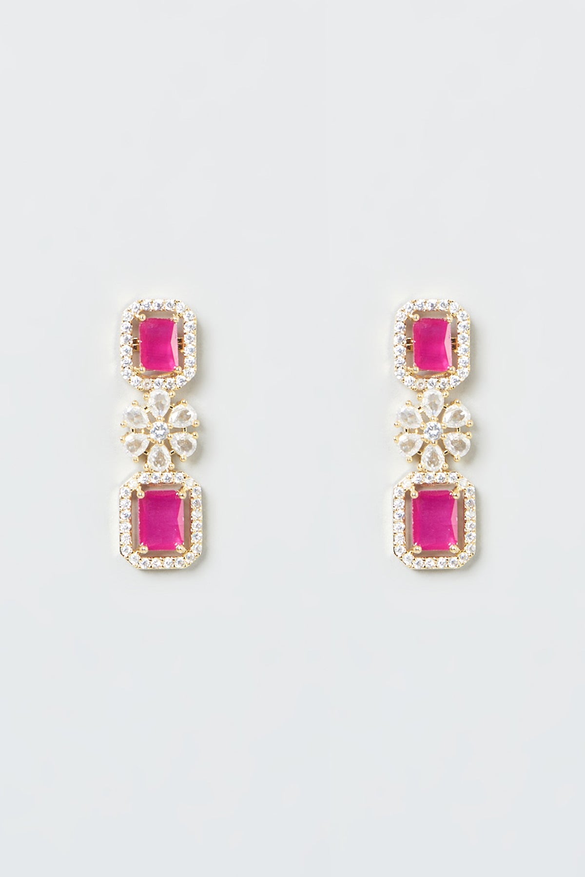 Gold Finish Zircon & Red Stone Layered Necklace Set